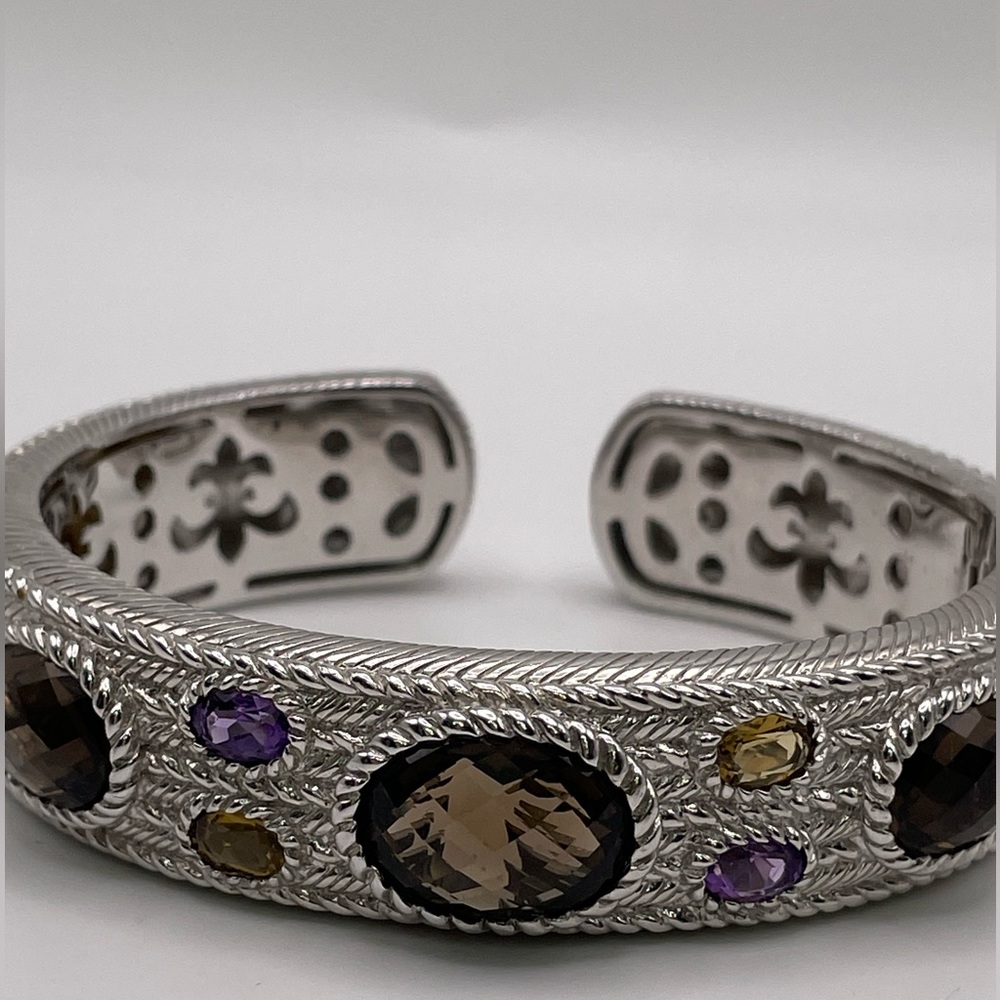 JUDITH RIPKA -SterlingSilver Cuff w/ faceted SmokyTopaz & Amethyst Stones - Picture 2 of 10